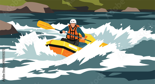 A person in a yellow kayak paddles through splashing white water river rapids