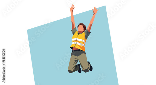 A worker in a high-visibility yellow vest joyfully jumping against a blue square