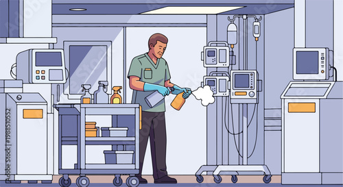 A healthcare worker in scrubs sprays disinfectant on medical equipment in a ward
