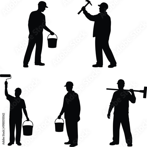 Worker silhouettes set, construction painters and builders with tools for industrial labor vector illustration