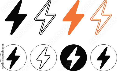 Lightning Bolt Icon Set Vector Illustration, Solid, Outline, and Circular Variations for Energy Concepts, Electricity, Fast Performance, and Web and Mobile UI Design