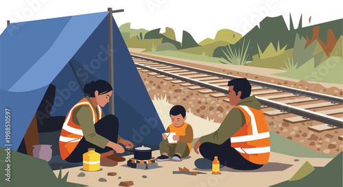 A family in high-visibility vests camping in a blue tent near train tracks