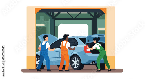 Three mechanics in colorful jumpsuits repair a light blue car inside a garage