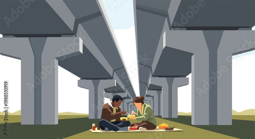 A couple sits on the ground sharing a simple meal under a massive overpass