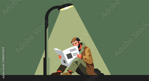 A homeless man sits on the ground reading a newspaper under a bright street lamp