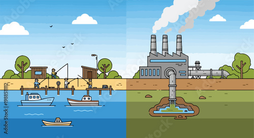A split illustration contrasting clean river fishing with industrial pollution
