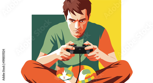 A young man sitting cross-legged plays a video game with a sleeping calico cat