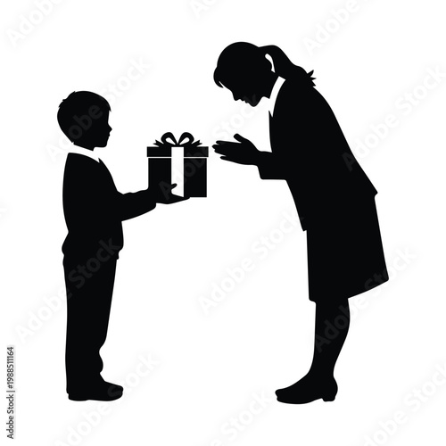 Boy silhouette presents gift to woman silhouette
