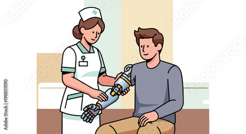 A female nurse helping a male patient with his new advanced robotic prosthetic arm