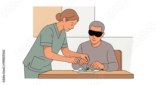 A caregiver in scrubs assists a blindfolded senior man with cutting his meal
