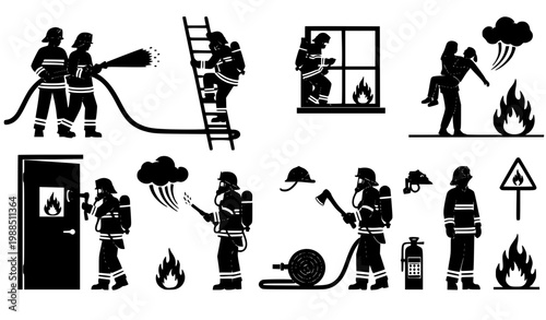 Emergency Firefighter Silhouette Rescue Scene Set with Ladder Hose Flames Safety Vector Illustration
