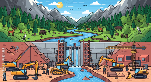 A split view of a wild nature scene above and a dam construction site below