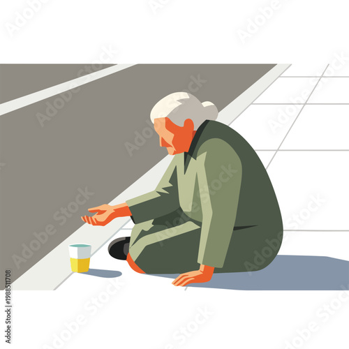 An elderly woman sits on the pavement reaching out for spare change in a cup