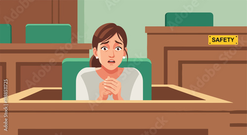 A distressed woman sitting in a wooden courtroom witness box with safety sign
