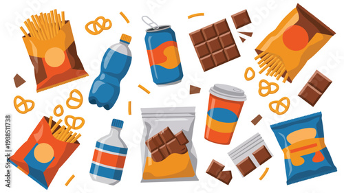 Assorted snacks and drinks collection vector design, chips chocolate pretzels beverages set colorful food elements
