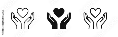Hands Holding Heart Icon Set - Outline, Solid, and Sketch Styles for Charity and Care Concepts