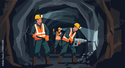 Miners wearing helmets with headlamps work in a dark underground tunnel passage