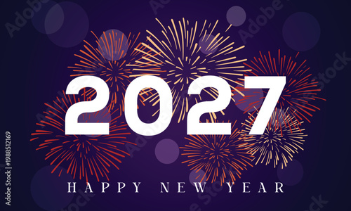 Happy new year 2027 with fireworks celebration and bokeh lights on purple background vector illustration.