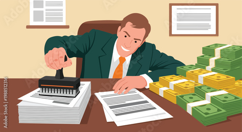 Businessman in a suit stamps a large stack of documents next to piles of money