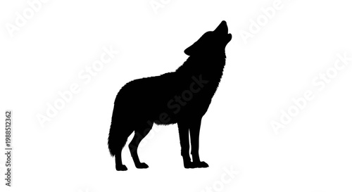 A black silhouette of a wolf howling at the moon on a white background