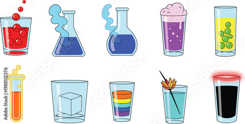Molecular Mixology and Science Lab Beverage Icon Set Featuring Erlenmeyer Flask Cocktail, Florence Flask, Rainbow Layered Shot, and Experimental Bubbling Drinks for Modern Bar Menus