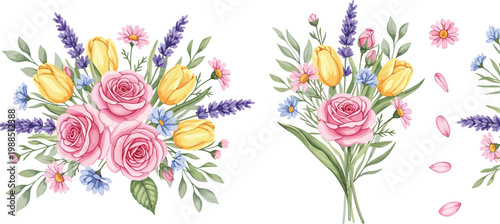 Elegant Floral Bouquet Collection with Roses Tulips Lavender and Wildflowers Romantic Botanical Arrangement Vector Illustration Set