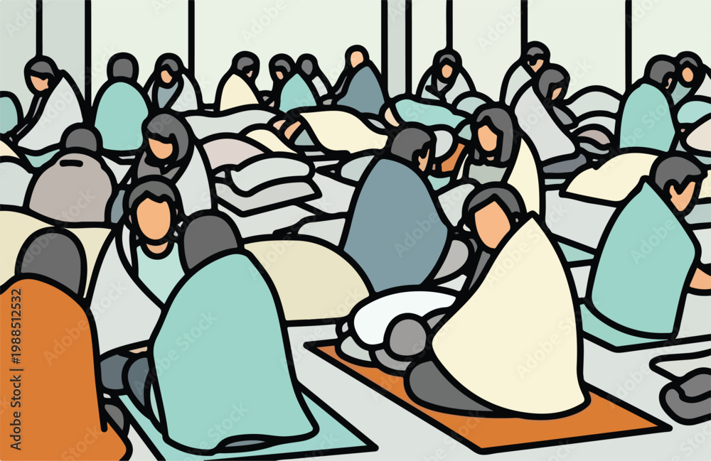 Obraz premium A stylized illustration of a crowded room with many people resting under blankets