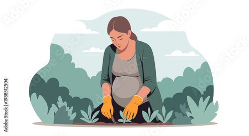 A pregnant woman in gloves kneeling and planting small seedlings in a garden