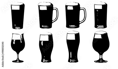 Beer glasses set pint mug pilsner tulip with different beer types vector isolated on white background