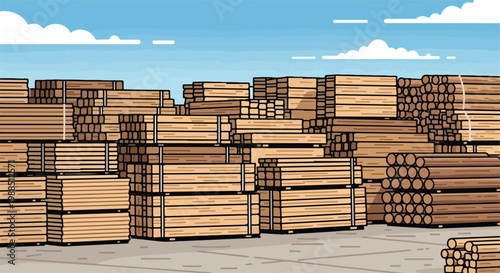 A large outdoor lumber yard featuring stacked wooden planks and cylindrical logs