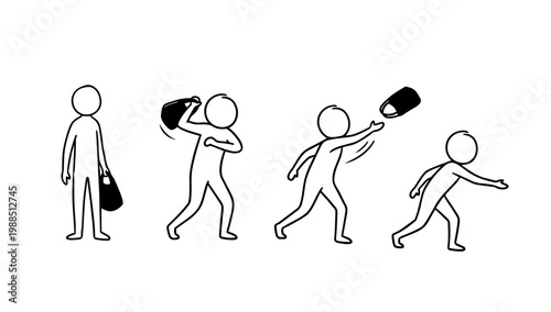 Throwing and releasing object action sequence illustrated in simple figure line illustration style for motion study physics demonstration and character animation reference