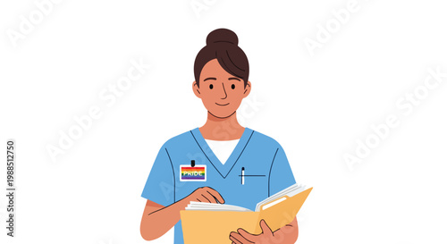A female nurse in blue scrubs holding a folder and wearing a rainbow pride badge