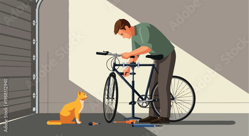 A man repairs his bicycle in a bright garage while his orange cat watches on