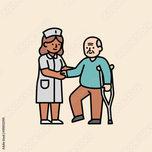 A smiling nurse holding the arm of an elderly man walking with a single crutch