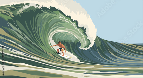 A shirtless male surfer skillfully riding a large, curling ocean wave at sea
