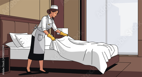 A hotel maid wearing an apron and gloves makes a bed in a modern bedroom interior