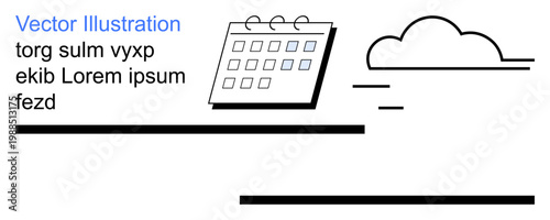 Time management, scheduling, planning tools, abstract designs, minimalistic icons, digital concepts. Calendar icon alongside abstract cloud lines. Time management and scheduling tools concept
