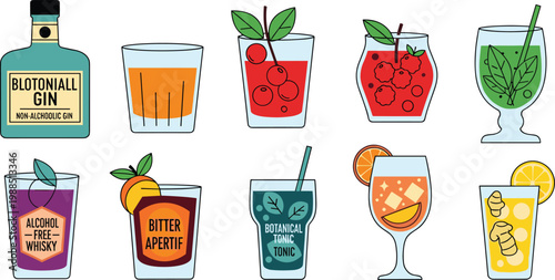 Non Alcoholic Spirit and Sophisticated Mocktail Vector Icon Set Featuring Alcohol Free Gin, Bitter Aperitif, Botanical Tonic, and Fruit Infused Drinks for Modern Bar Menus