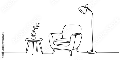Continuous line drawing of a cozy living room with an armchair, side table, and lamp Vector, illustration