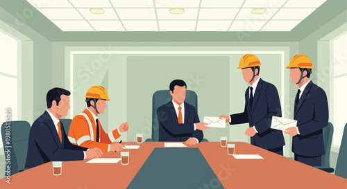 Business people and engineers in suits and hard hats discuss in a meeting room