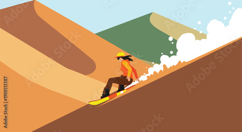A person in vibrant clothing sandboarding down a steep, sunny desert dune slope