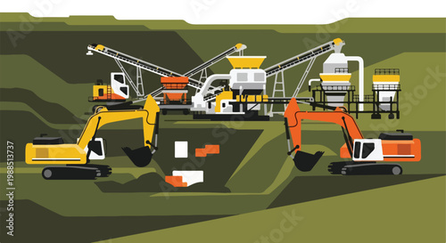 Illustration of two heavy excavators working at an open-pit mining rock quarry