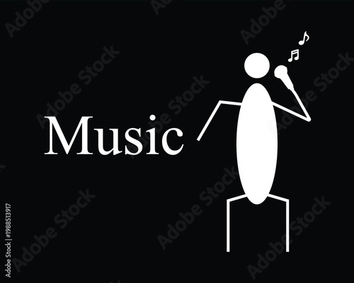 Minimalist stick figure singing with microphone and music notes on black background, creative music concept illustration for performance, karaoke and entertainment design
