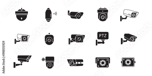 Surveillance camera vector set, black cctv icon collection, wall mount design, security monitoring system, home safety, flat illustration, vector silhouette design, pro
