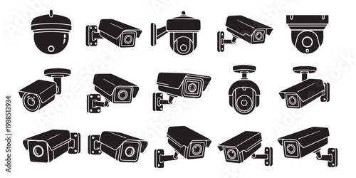 Surveillance camera vector set, black cctv icon collection, wall mount design, security monitoring system, home safety, flat illustration, vector silhouette design, pro
