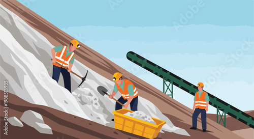 Miners using tools to dig and transport white mineral ore at an open pit mine