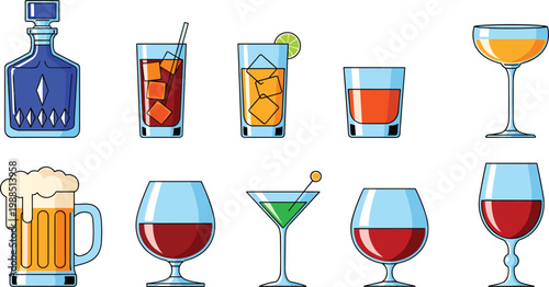 Premium Alcoholic Drink and Glassware Vector Icon Set with Whiskey Decanter, Beer Mug, Wine Glasses, Martini Cocktail, and Brandy Snifters for Bar Menu Design