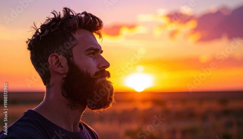 Bearded Man silhouetted against a dramatic sunset, contemplating the vast horizon