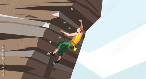 A flat illustration of a person rock climbing on a steep brown cliff face