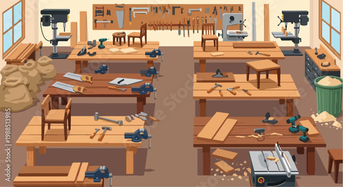 An overhead view of a well-organized woodworking shop with tools and workbenches